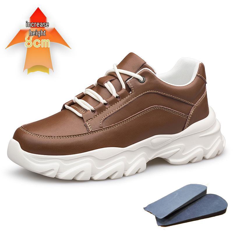 Men's Hidden Height Sports Casual Shoes - Spring Low-Top, Cowhide Upper, Thick Sole, White Running Board Shoes