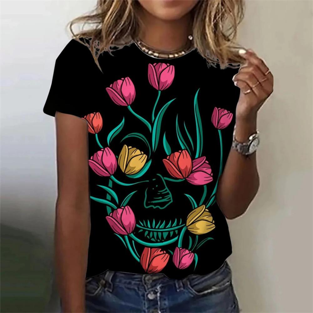 Harajuku 3D Color Floral Print Women s Short Sleeved Shirt T-shirt with Floral Pattern Fashionable and Fun Clothing S