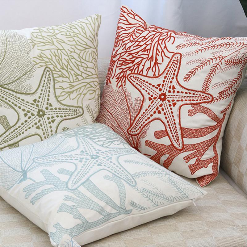 Beach Sea Ocean Octopus Coral Embroidered Pillow Cover Cushion Cover Cotton Pillowcase Flora Sofa Bedroom Home Decor