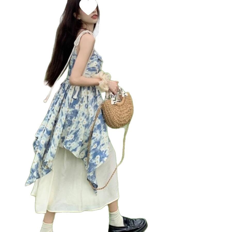 Sweet Mori Oil Painting Floral Suspender Dress Women's Summer New Thin Holiday Style Splicing Fake Two-piece Skirt