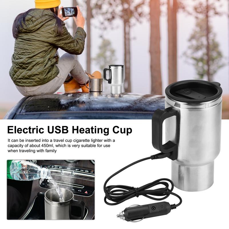 12V 500ml USB Electric Heating Car Kettle Camping Travel Kettle Water Coffee Milk Thermal Mug Auto Heating Cup Stainless Steel