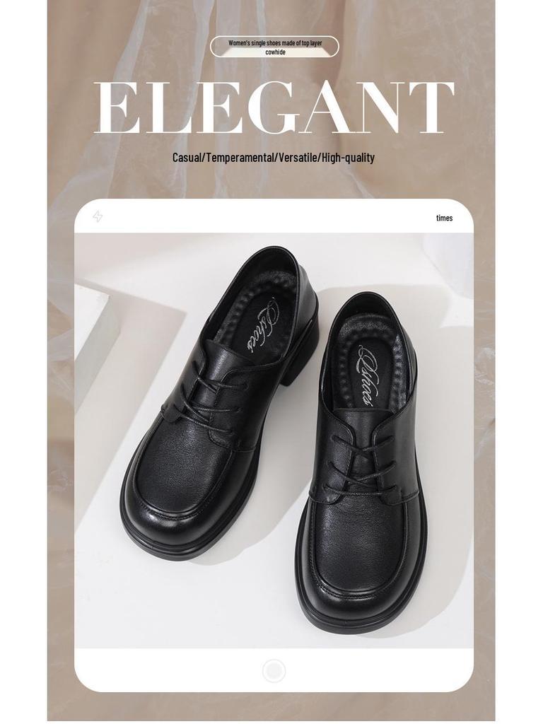 Genuine Leather Women's Chunky Heel Round Toe Shoes - Autumn Non-Slip & Comfortable Mom Shoes with Soft Mid Sole