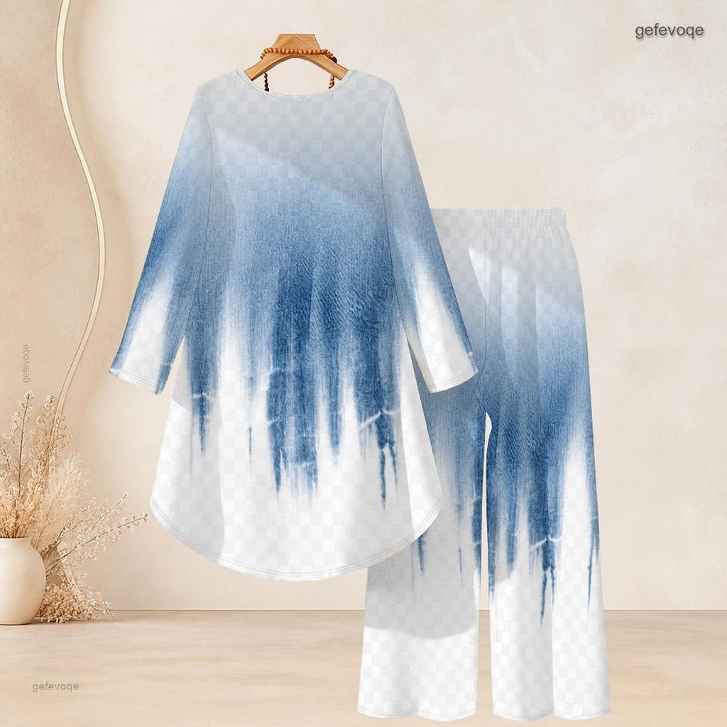 Women Plus Size Purple White Printed Round Neck Long Sleeve High Low Top Wide Leg Pants Two Piece Set