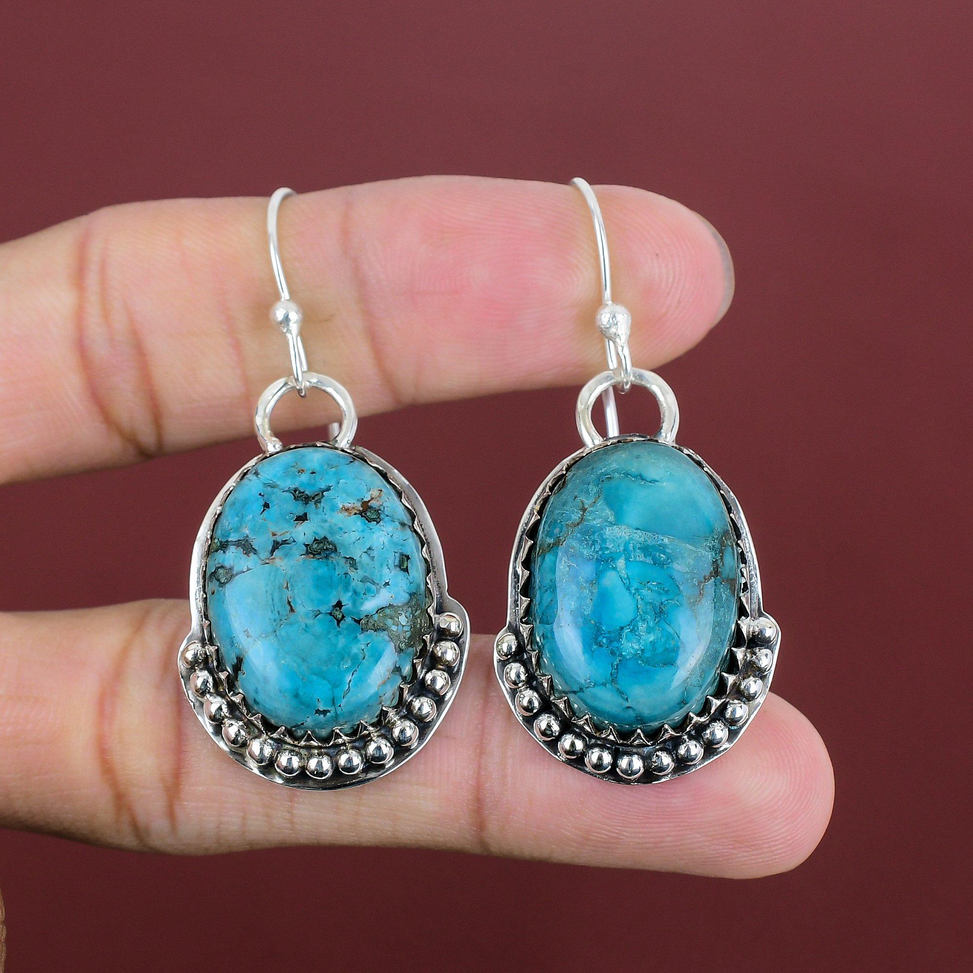 Tibetan Turquoise Earring Natural Gemstone Jewelry Handmade Earring 925 Sterling Silver Earring Drop Earring Tibetan Jewelry Gifts For Women