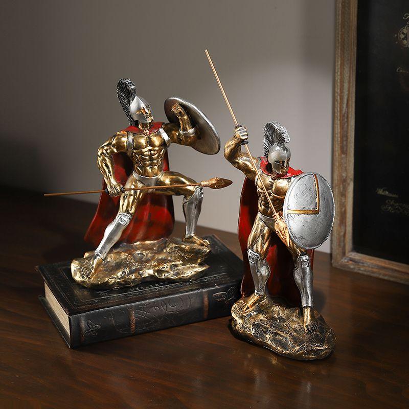 Vintage Gold Armor Spartan Warrior Sculpture Craft Bookcase Wine Cabinet Decoration Abstract Resin Warrior Statue Art Decoration