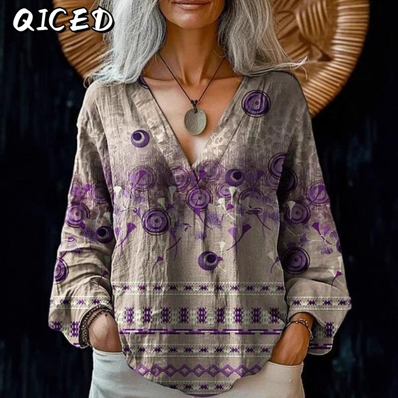 QICED Women's Fashion Casual Long Sleeve V Neck Blouses & Shirts