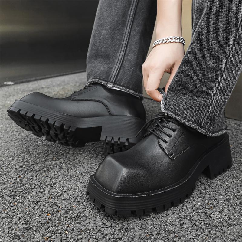 Crossed head niche leather shoes men's Paris platform heightening versatile British Derby hairstylist square head tide shoes 58866-J