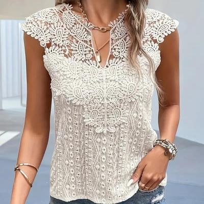 Camiseta Chaleco sin Mangas de Encaje con Cuello en V de Color Sólido y Patchwork para Mujer de Primavera y Verano