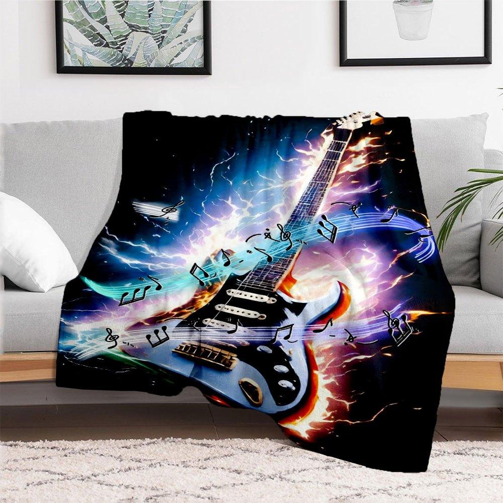 Electric Guitar Music Notes Flame Art Print PosterBlanket Flannel Throw Blanket for Sofa, Bed, Travel, Camping, Office