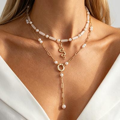 2Pcs/Set Imitation Pearl Chain Pendant Necklace Women Adjustable Clavicle Choker Wedding Banquet Jewelry Accessory