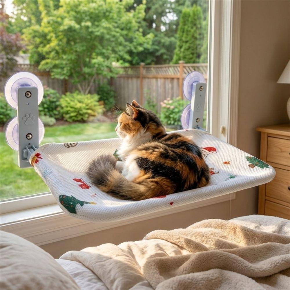 Wall Mounted Christmas Cat Hammock Removable Breathable Mesh Cat Window Perch with Suction Cup Jumping Platform