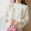 Winter Autumn Faux Fur Coat with Beaded Embroidery Slim Fit O- Neck Korean Style Fashion