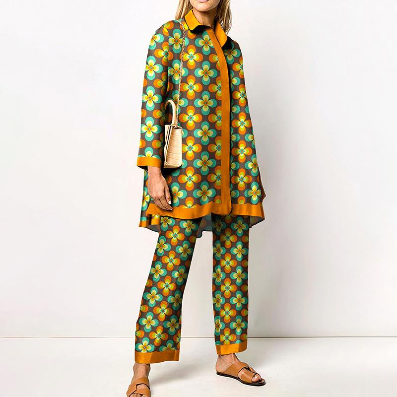 Grünes geometrisches Print Damenhemd und Wide Leg Hosen Kombinationsset