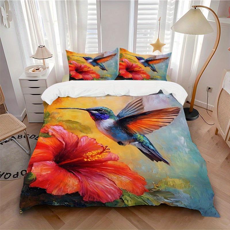 

3pcs Hummingbird Flower Soft Comfortable Bedding set, For Bedroom, Guest Room And Dorm, All - Season Use, High-Definition Printing180 135x200cm