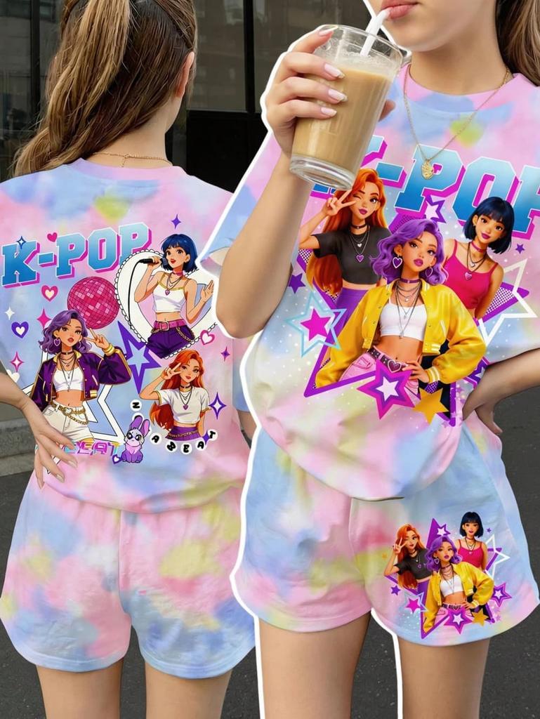 Conjunto de Camiseta y Pantalones Gráficos de Dibujos Animados Kpop para Niñas Ropa de Verano para Niñas Lindo Conjunto de Manga Corta Conjunto de Camiseta y Pantalones Cortos para Niños