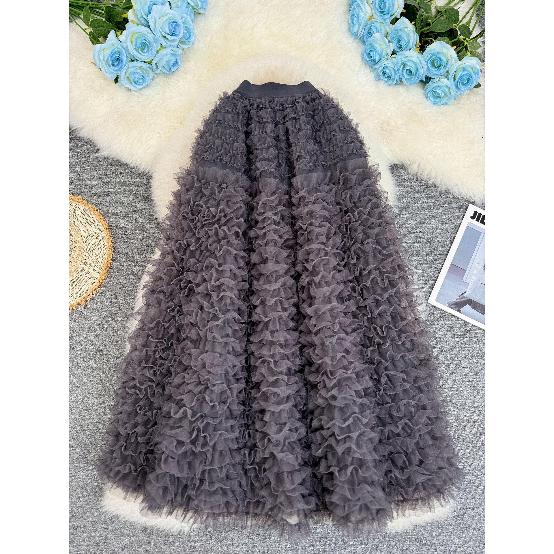 Европейская и американская легкая роскошь, многослойная сетчатая юбка-миди  Торт , женская One Size серый