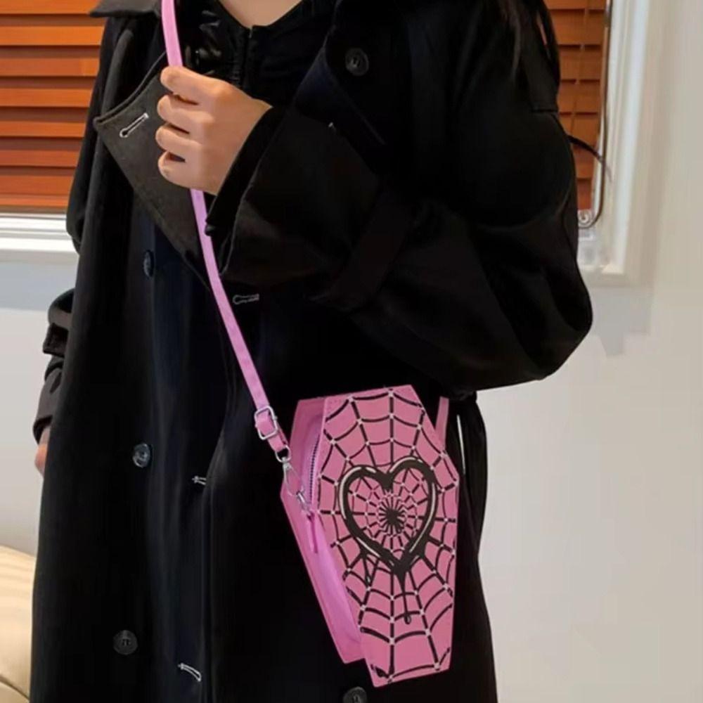 Women Fashion Shoulder Bag Large Capacity Coffin Shaped Casual Satchel Bag Adjustable Strap Spider Web Halloween Gift