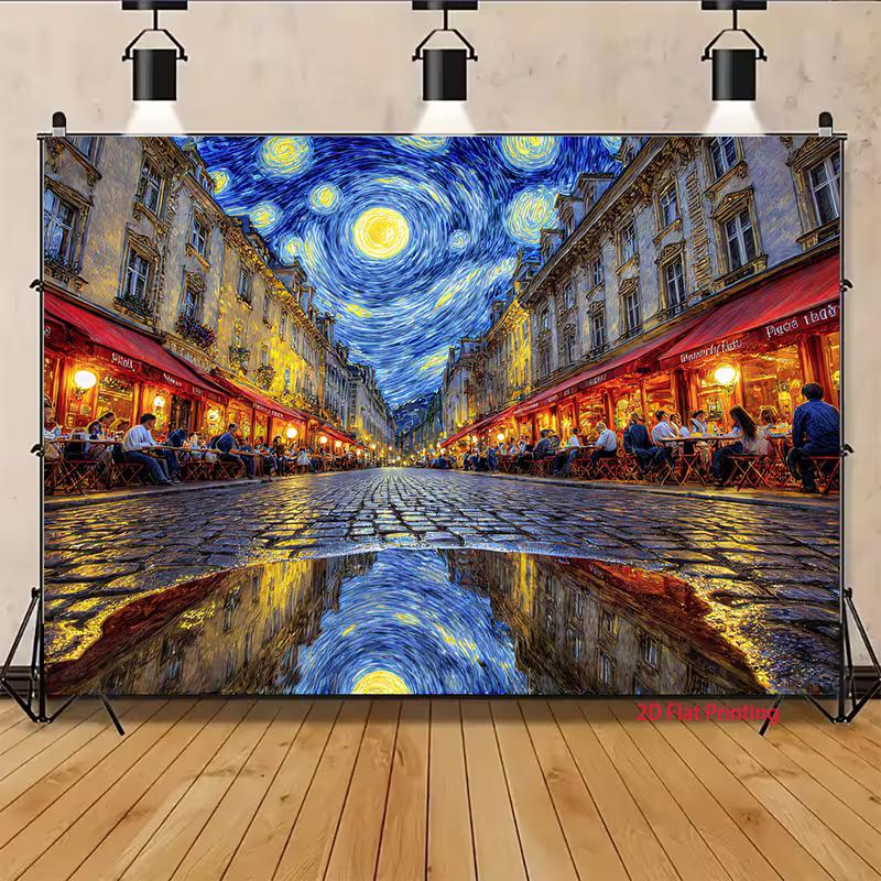 2D Impressionist European Night Street with Reflections Photography Background