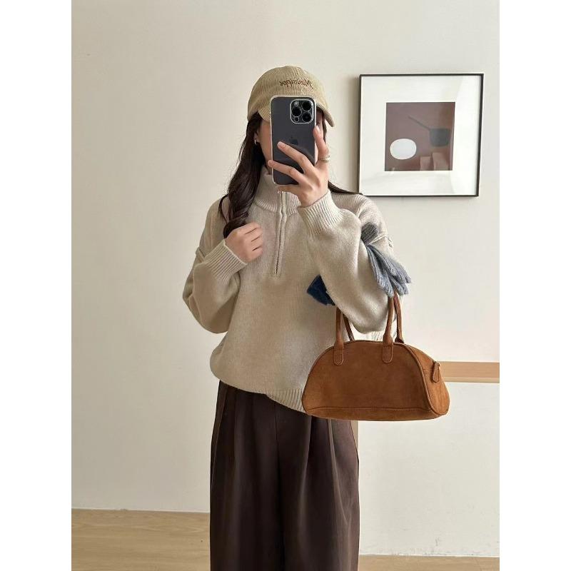 Autumn and winter new simple style loose and thin sweater jacket women lazy double zipper stand-up collar knitted cardigan women