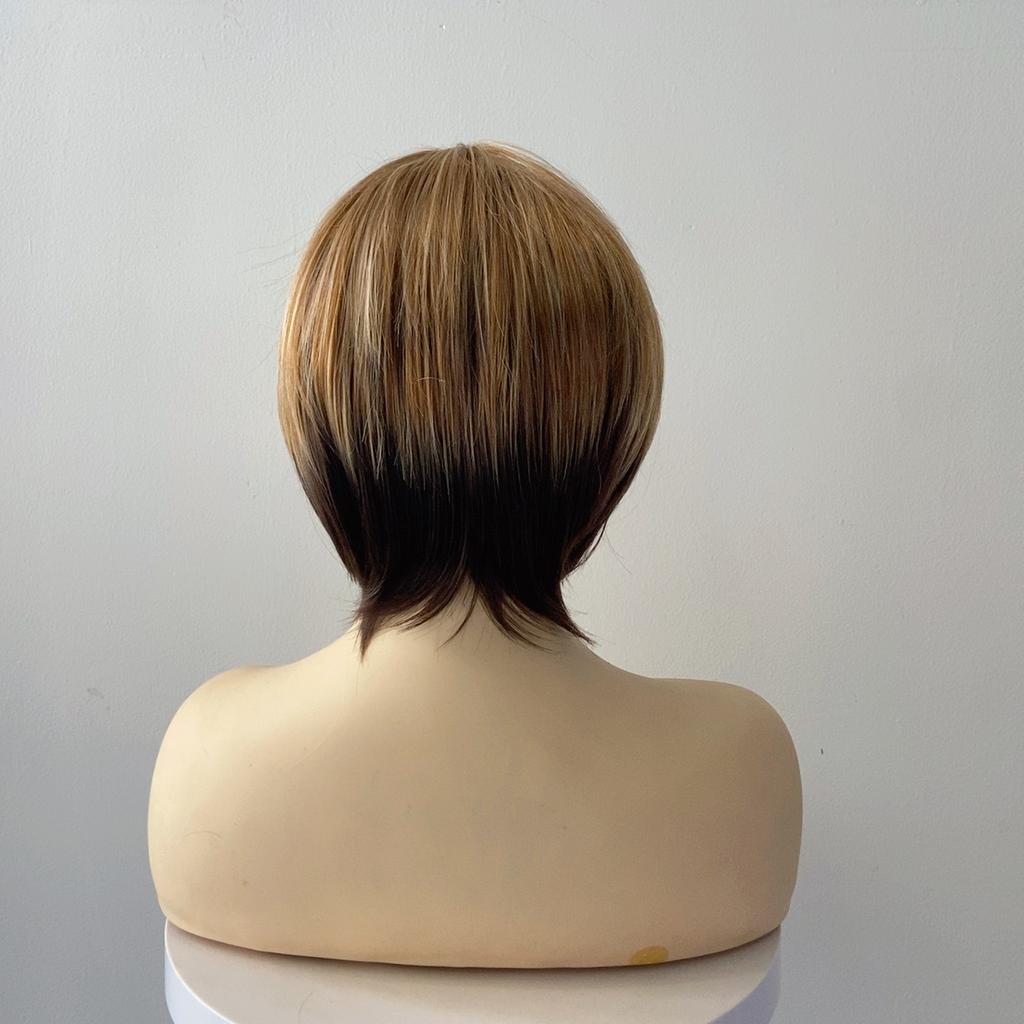 Women's Fashion Short Straight Wig, Brown Mix Highlight High-Temperature Fiber Synthetic Hairpiece