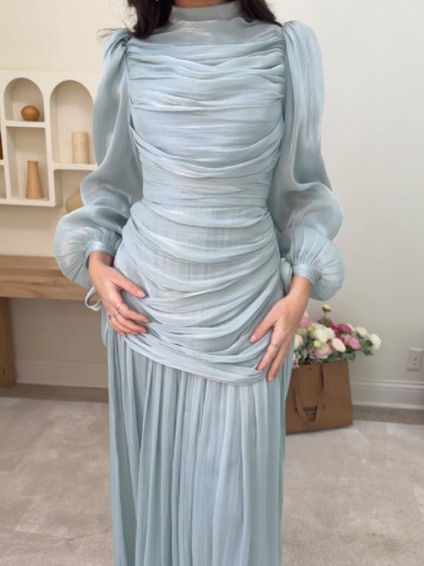 Spring/Summer 2026 Women s Elegant Pleated Lantern Sleeve Dress Large