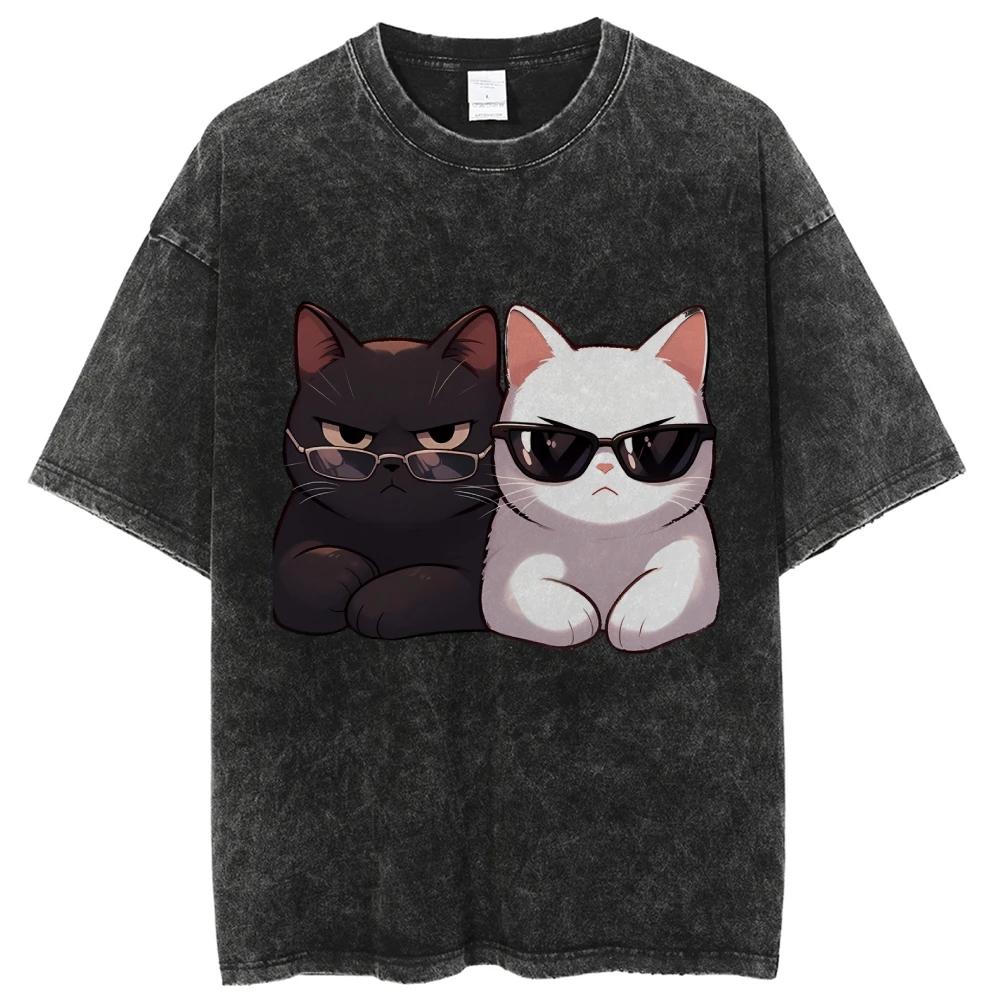 T-shirt da Donna Unisex Stampa Grafica Gatto Cartone Animato Bianco e Nero Cotone Morbido Manica Corta Estate Top Carino