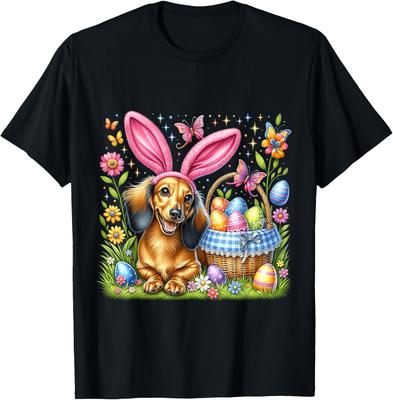 Dachshund Bunny Ears Easter Eggs Graphic T-Shirt Casual Short Sleeve Tee for Men Women