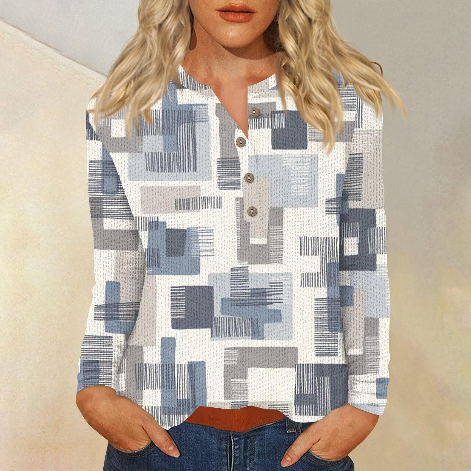 

Жен. Футболка Футболка С принтом Пуговицы Длинный рукав Повседневные Выходные Мода Классический V-образный вырез Обычный Верх XL небесно-голубой