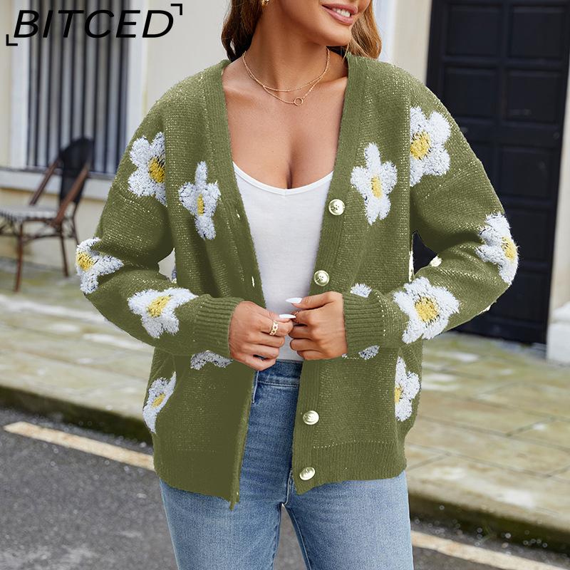 BITCED Damen 3D Floral V-Ausschnitt Strick-Cardigan Herbst/Winter Lässige Strickjacke mit entspannter Passform