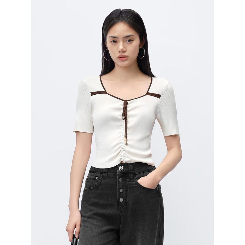 

Peacebird Women s Crepe Knit Square Neck Short Sleeve Top S