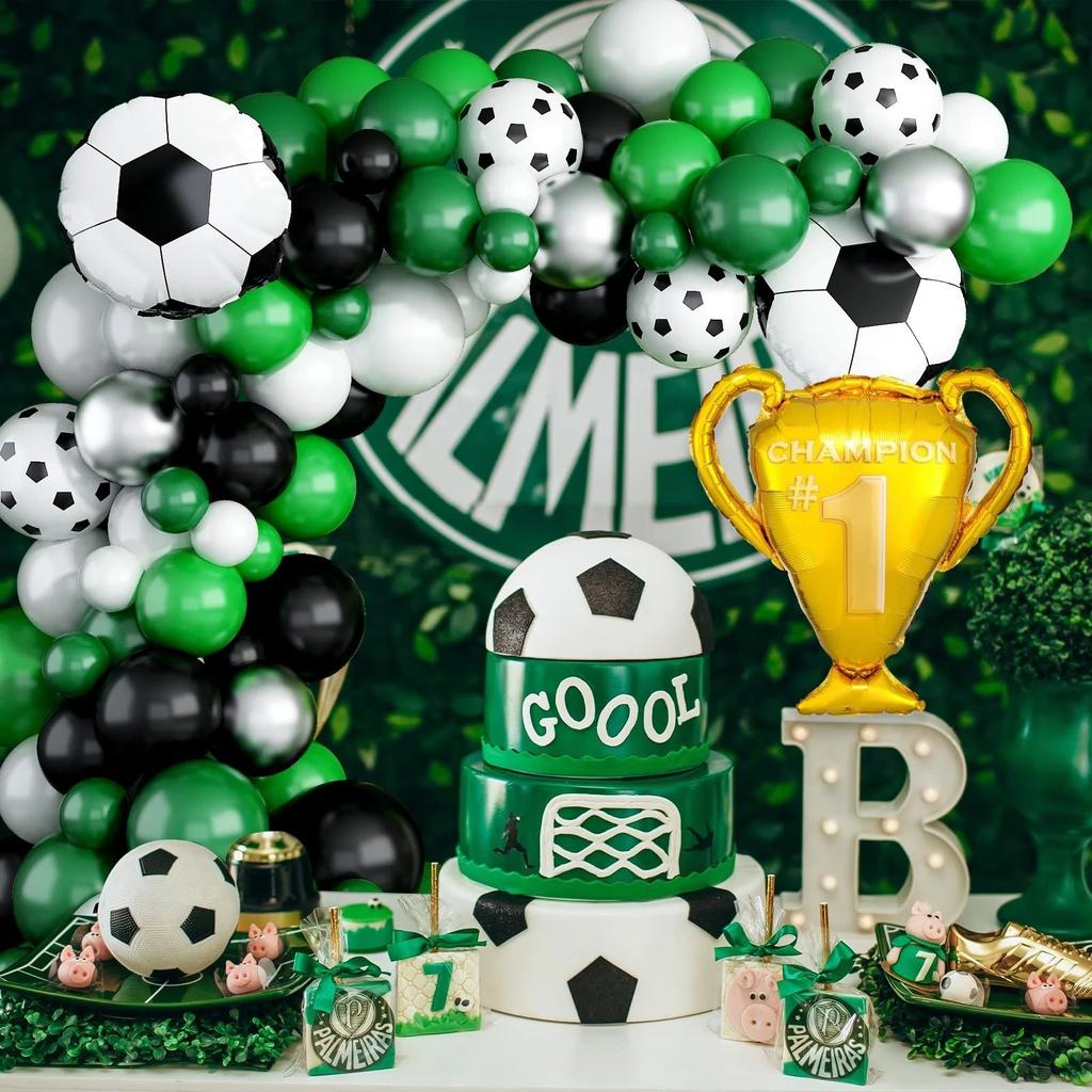 Football-themed Aluminum Film Balloons Set for Party Decoration. Children's Championship Cup Football Party Setup and Decoration