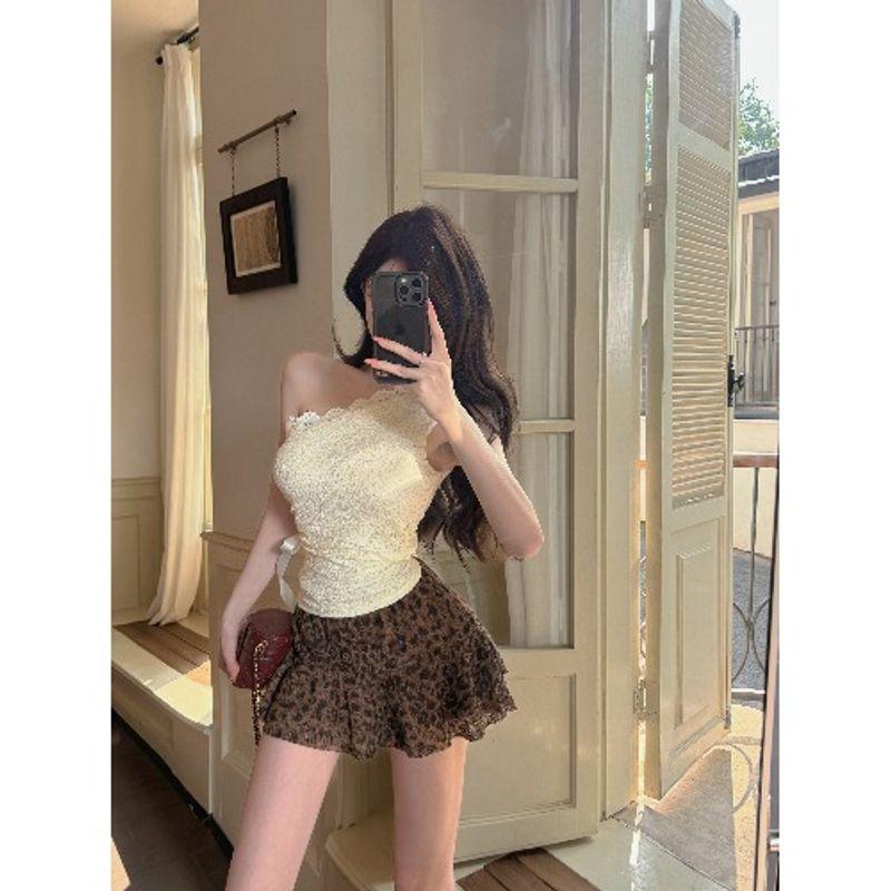 

Kumikumi Gyaru Set Women Bow Lace Sloping Shoulder Vest Summer Leopard Print Skirt Skirt S