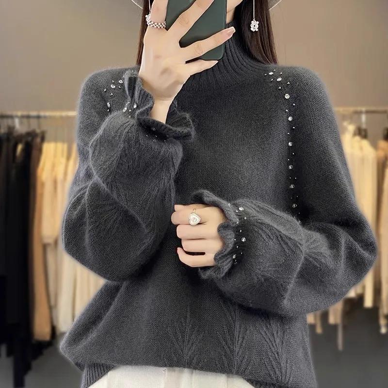 Maglione interno da donna, a collo alto e a mezza maglia, con fondo lavorato a maglia, per autunno e inverno