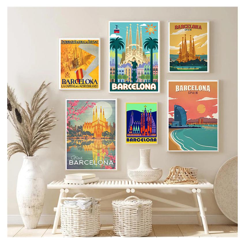 Resor Canvas Målningar Vintage Kraft Posters Belagda Väggdekaler Heminredning Familjepresent Europa Spanien Barcelona Pop Art