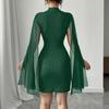 Womens Summer Round Neck Ribbed Pearl Chiffon Cape Bodycon Dress Elegant Slim Fit Mini Dress