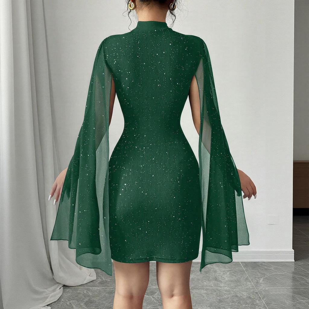 Womens Summer Round Neck Ribbed Pearl Chiffon Cape Bodycon Dress Elegant Slim Fit Mini Dress
