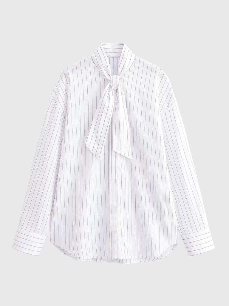 Spring 2026 European & American Style Stand Collar Striped Poplin Shirt with Scarf