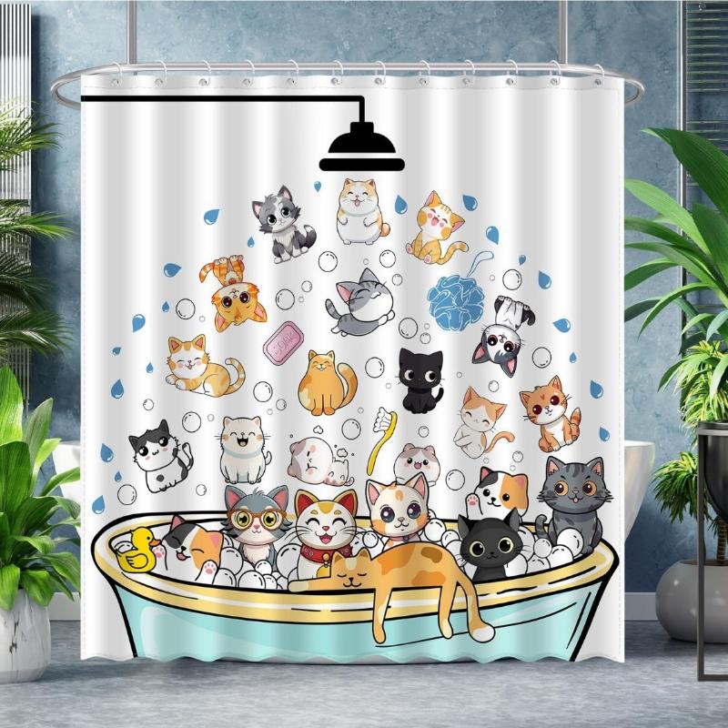 Cute Cat Shower Curtain Set, Funny Cartoon Kids Home Bathroom Decor Polyester Waterproof Fabric Bath Curtain with 12 Hooks