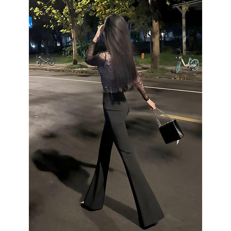 

Black High-Waisted Slim-Fit Supermodel Pants, Black Flared Casual Pants for Women, Slim-Fit Floor-Length Drapey Suit Pants Black Summer Style [Regular] XS