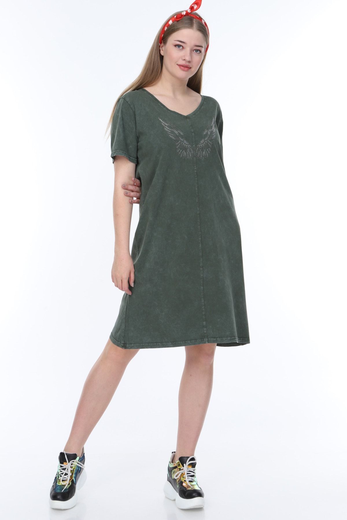 

Женское платье большого размера цвета хаки, стираное платье больших размеров с одним карманом L