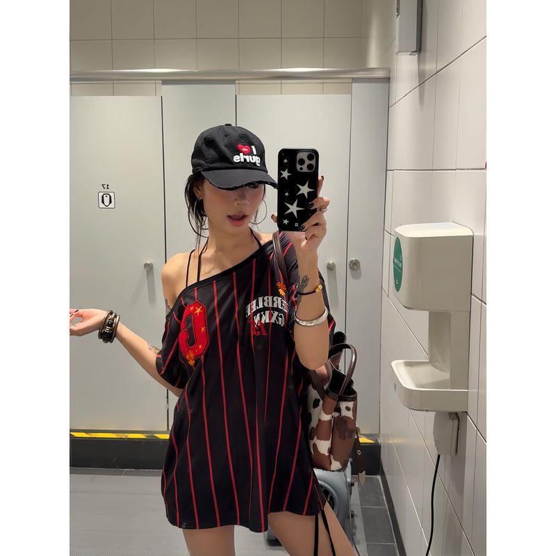 F383 American Design Letter Embroidery Sloping Shoulder T-shirt Women Summer Stripe Casual off-Shoulder Breathable Short sleeve Gyaru