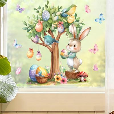 2 Hojas Pegatinas de Conejo de Pascua para Ventana Pegatinas de Huevo de Dibujos Animados Decoración Linda para Hogar Aula Guardería Tienda Decoraciones de Exhibición de Cristal