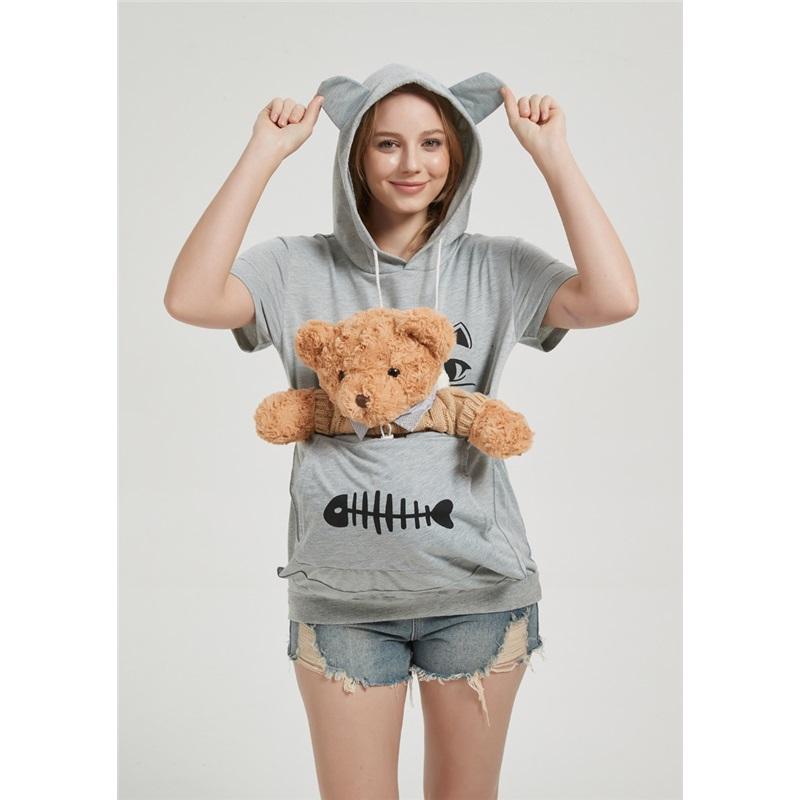 Women's summer cat face fish bone print loose large pocket short-sleeved hooded T-shirt