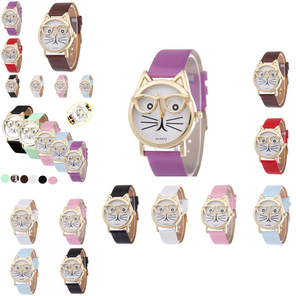 Adorable Cat Face Women's Quartz Watch With Leather Strap Cartoon Design