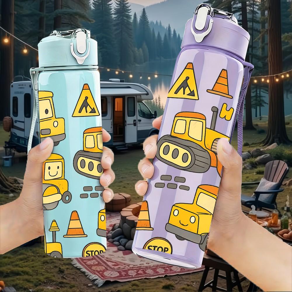 1PC Construction Truck Pattern 750ml Color Plastic Sports Water Bottle Leakproof Flip Straw Lid Suitable for Sports Office Home Use