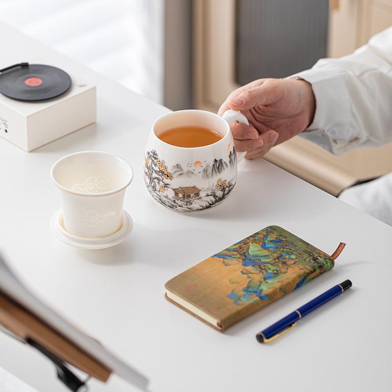 Guochao ceramics thousands of miles Jiangshan business office cup office supply tea separation ceramic cup home gift gift