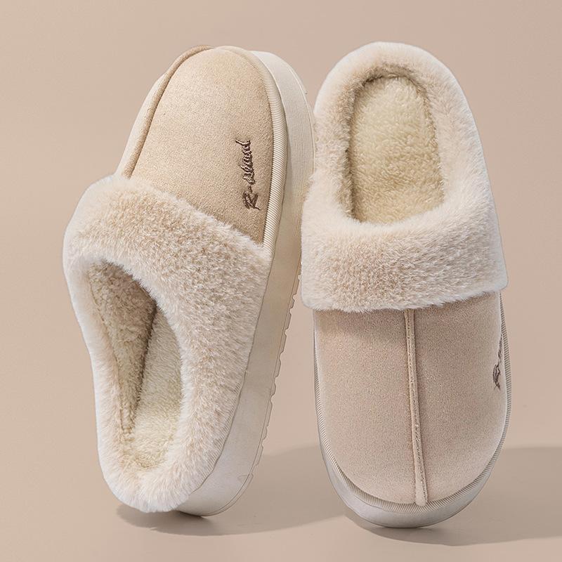 Autumn and winter plush cotton slippers indoor home soft bottom non-slip warm couple plush lace cotton slippers