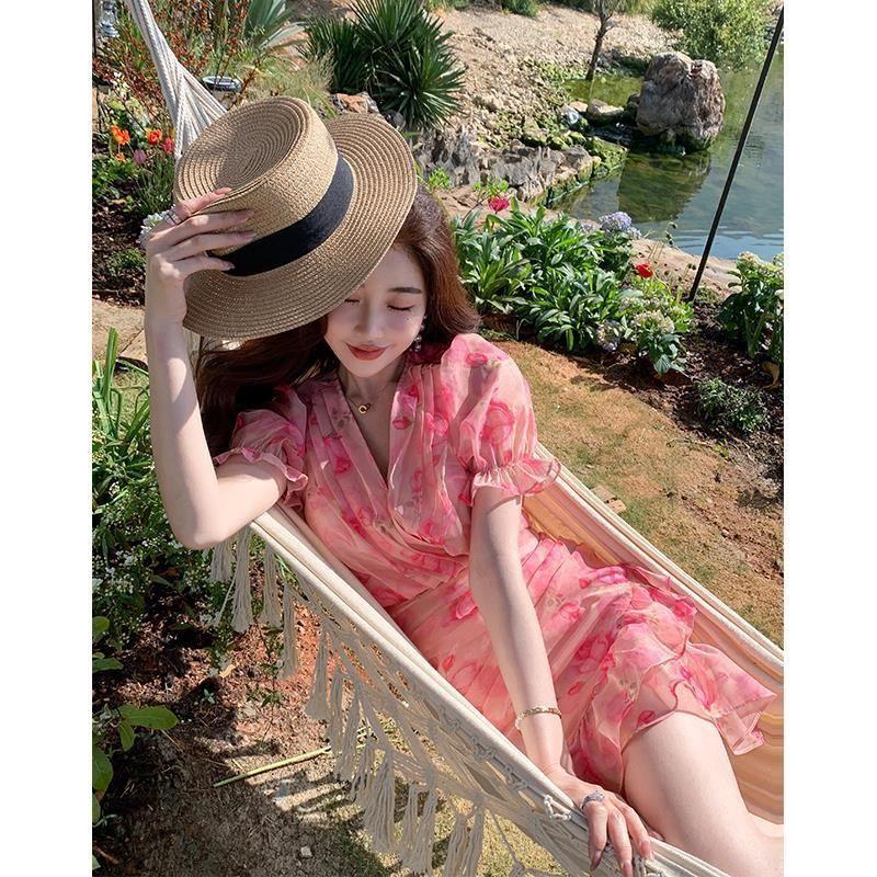 Floral Chiffon Dress for Women Summer New Slim Fit and Slim Temperament Hip Fishtail Short Skirt