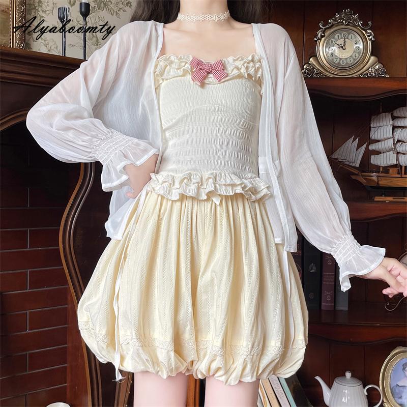 Japanese Lolita Style Summer Women Cotton Shorts High Waist Bow Hollow Out Light Yellow Shorts Skirts Cute Kawaii Girl's Shorts