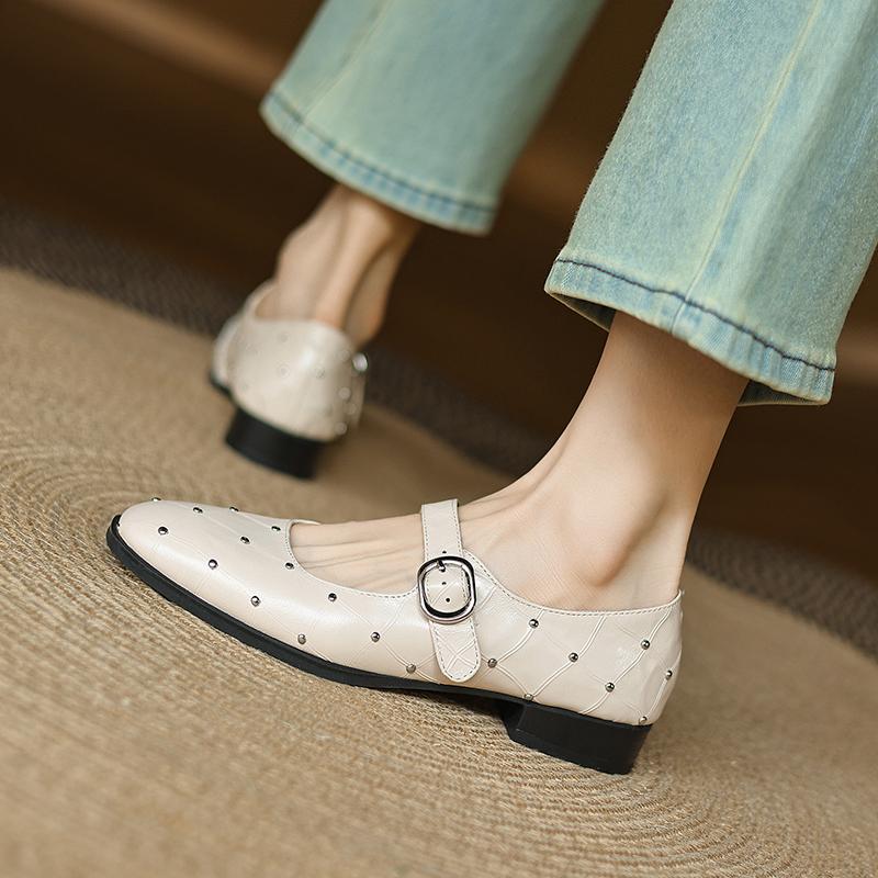Fashion 2025 New Woman Buckles Spring Pumps Genuine Leather Shoes for Woman Rivets Mary Jane Party Wedding Shoes Woman Dance Pumps